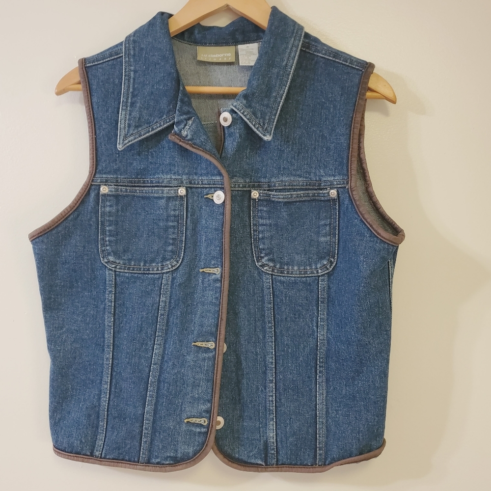 Liz Claiborne Leather Trim Denim Vest Sz M